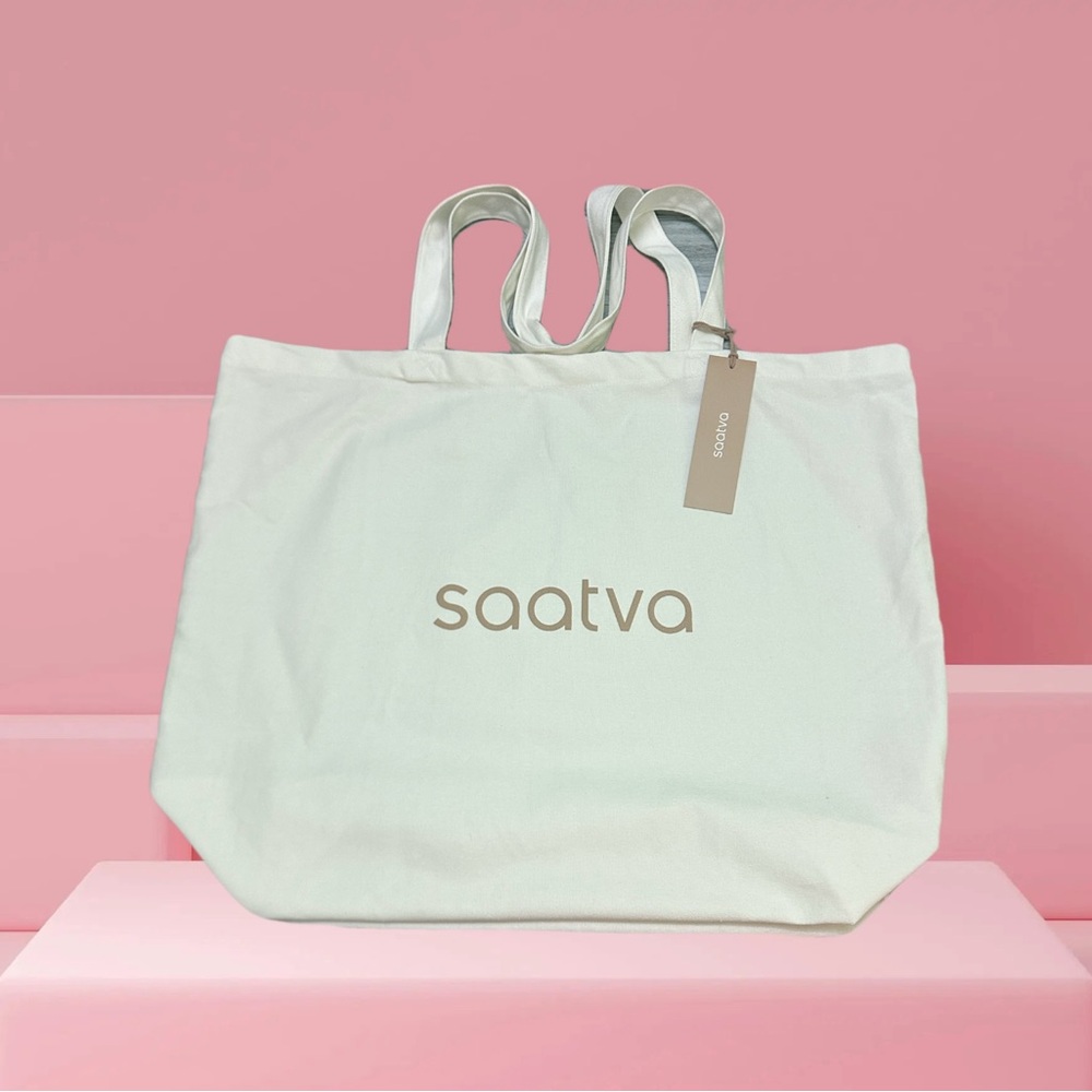 Saatva Cream Canvas Tote Bag with Logo